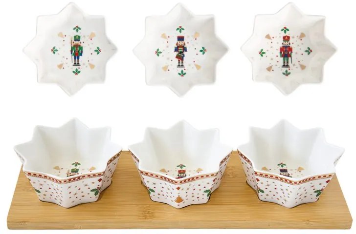 Diótörő porcelán csillag alakú kínáló tálka szett bambusztálcán, 4 részes, 34x12 cm, díszdobozban - Nutcrackers