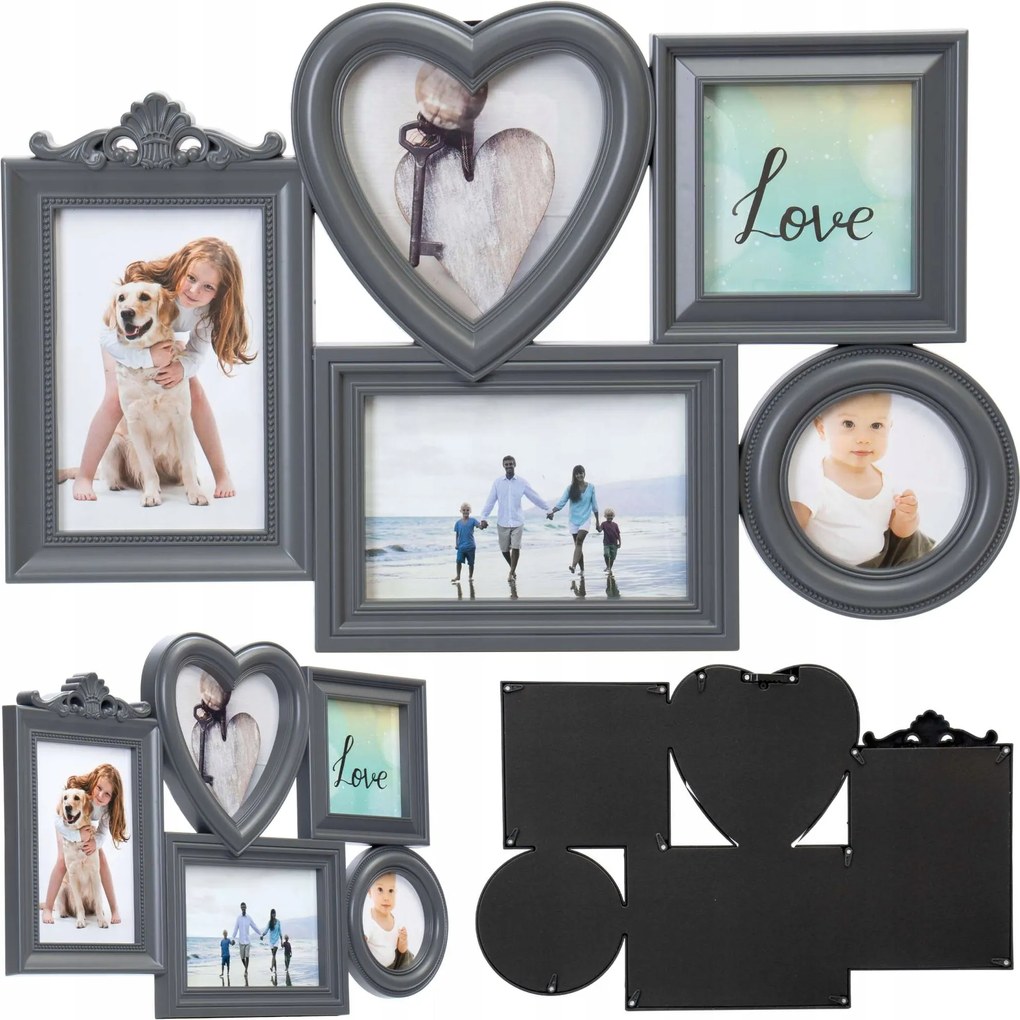 Képkeret 10x15 Multikeret Fotó 5 Kép Szürke Kollázs Falra Szív