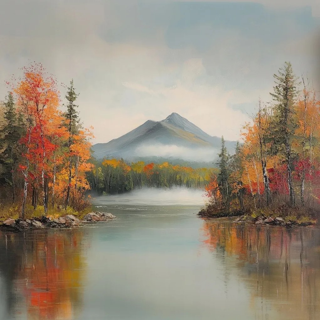 Vászonkép Canvas Tájkép Hegyek Erdő Tó Folyó Ősz Köd 40x40