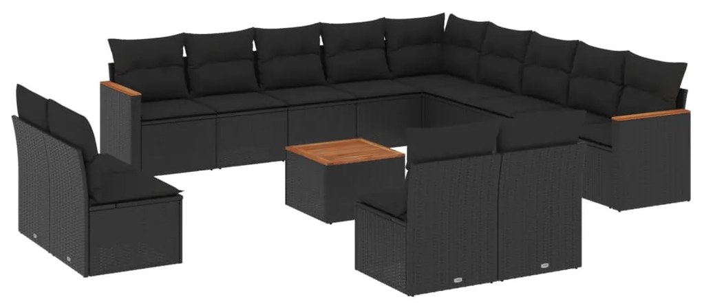 14 részes fekete polyrattan kerti ülőgarnitúra párnákkal