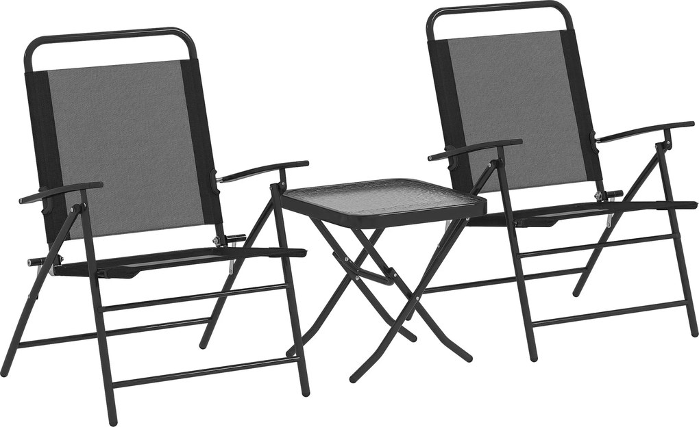 Outsunny 3 részes kültéri teraszasztal és szék szett - Összecsukható bútor állítható háttámlával, üveg asztallappal és fekete acél kerettel | Aosom