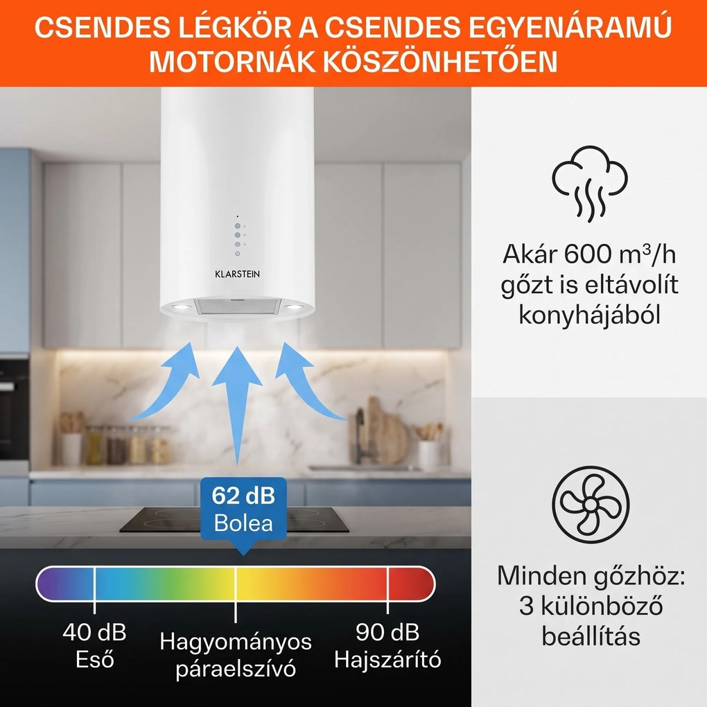 Klarstein Bolea, sziget páraelszívó, Ø 90 cm, recirkulációs/elszívás üzemmód, 651 m³/ó, LED, aktívszén szűrőkkel