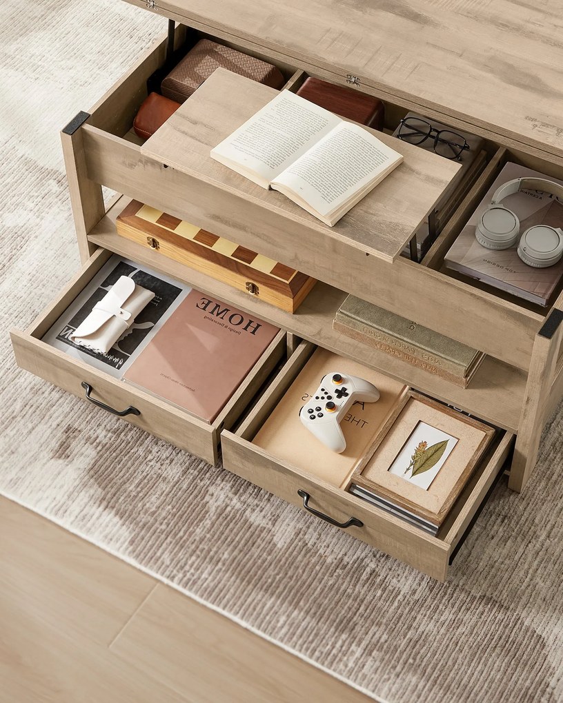 Emelhető tetejű dohányzóasztal, gázliftes, 2 fiókkal, teveszínű