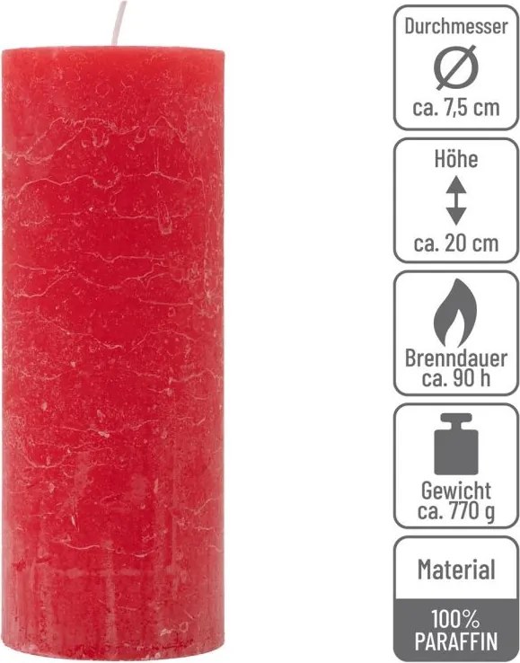 Rusztikus gyertya készlet 20 cm Ø 7,5 cm 4 db piros