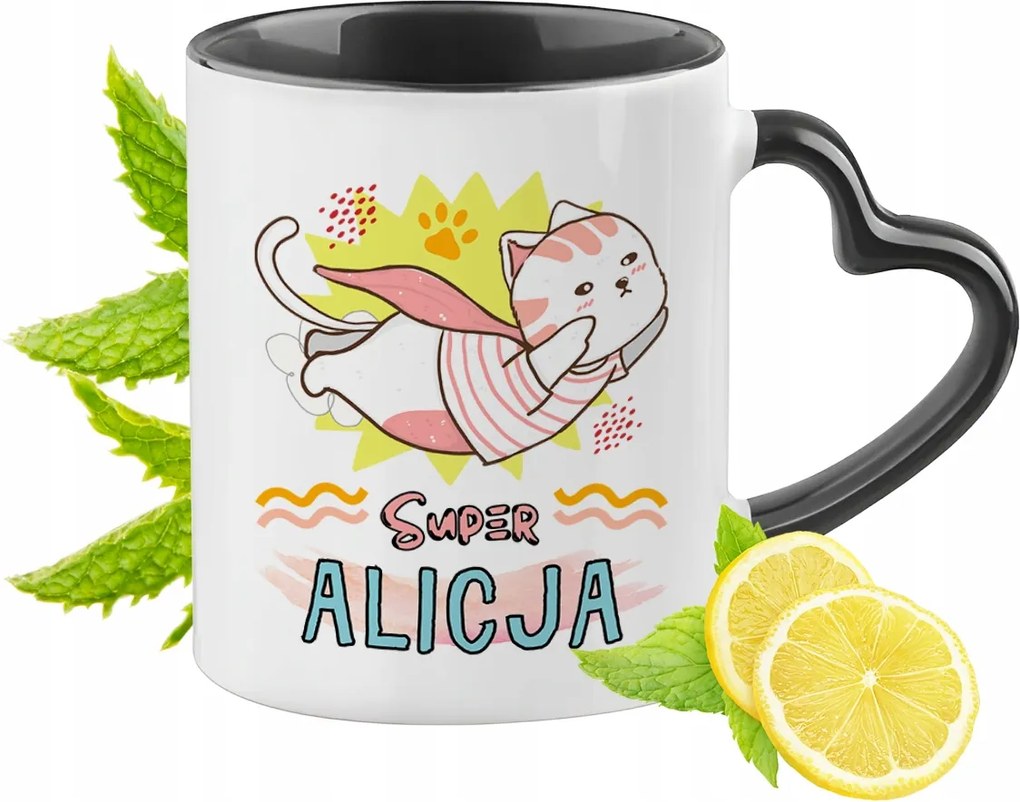 Fekete bögre szív alakú füllel Alice-nek Tökéletes Ajándék