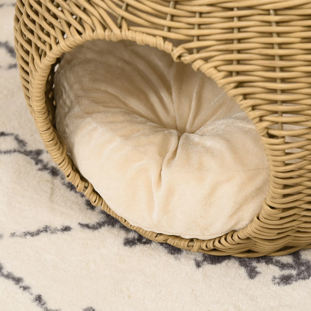 PawHut Macska Ház Ágy Macska Kosár Rattan-Stílusú Woven Resin Imitáció Rattan Puha Párna Ø 40 x 30 cm világosbarna | Aosom