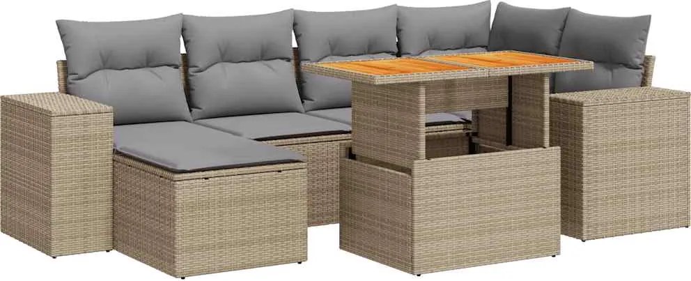 vidaXL 7 részes bézs polyrattan kerti ülőgarnitúra párnákkal