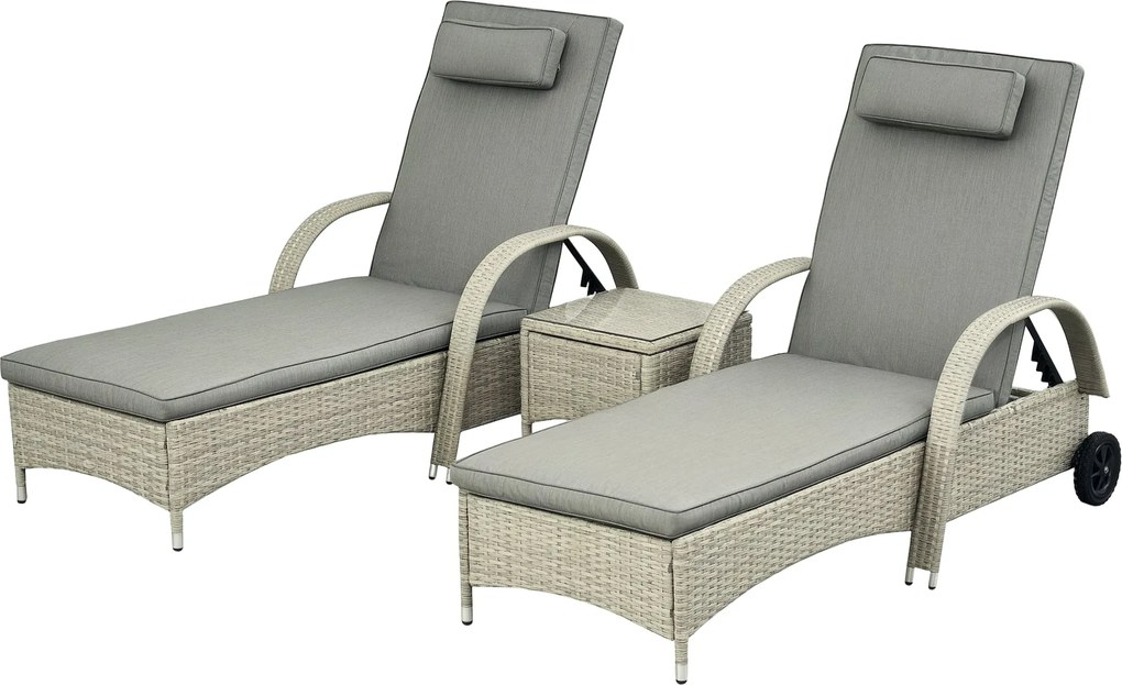 Outsunny 3 részes Napozó Kerti Bútor Szett, Polyrattan + Fém Szürke | Aosom