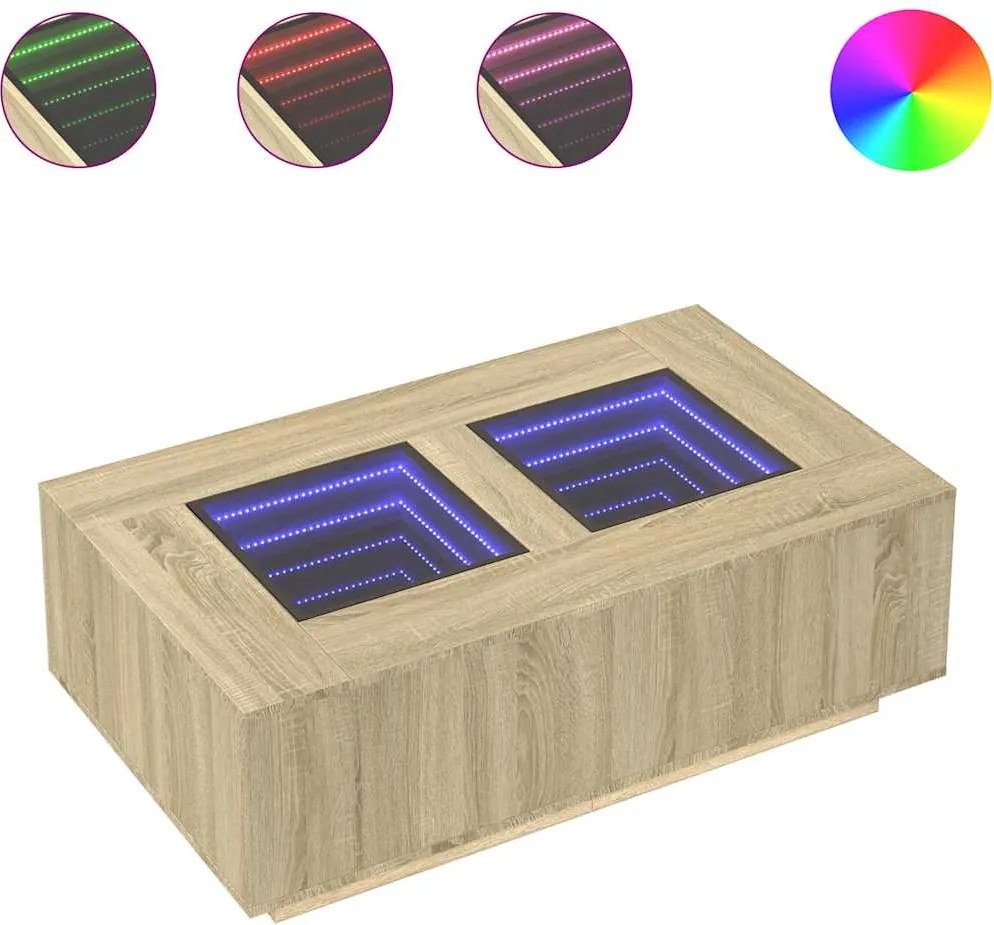 vidaXL tölgy színű végtelen hatású LED-es dohányzóasztal 116x69x40 cm