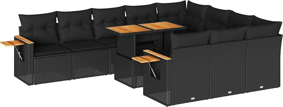 vidaXL 11 részes fekete polyrattan akácfa kerti ülőgarnitúra párnákkal