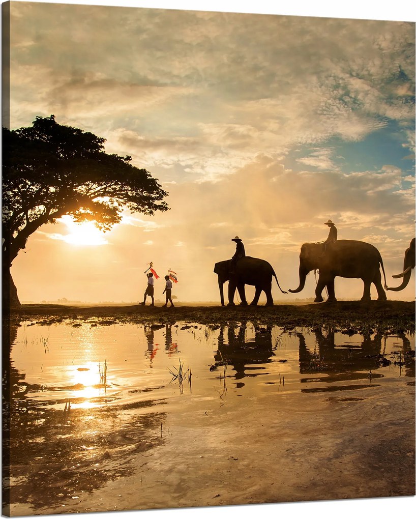 Vászonkép Emberek az elefántokon Naplemente Afrika Szavanna 80x100 cm