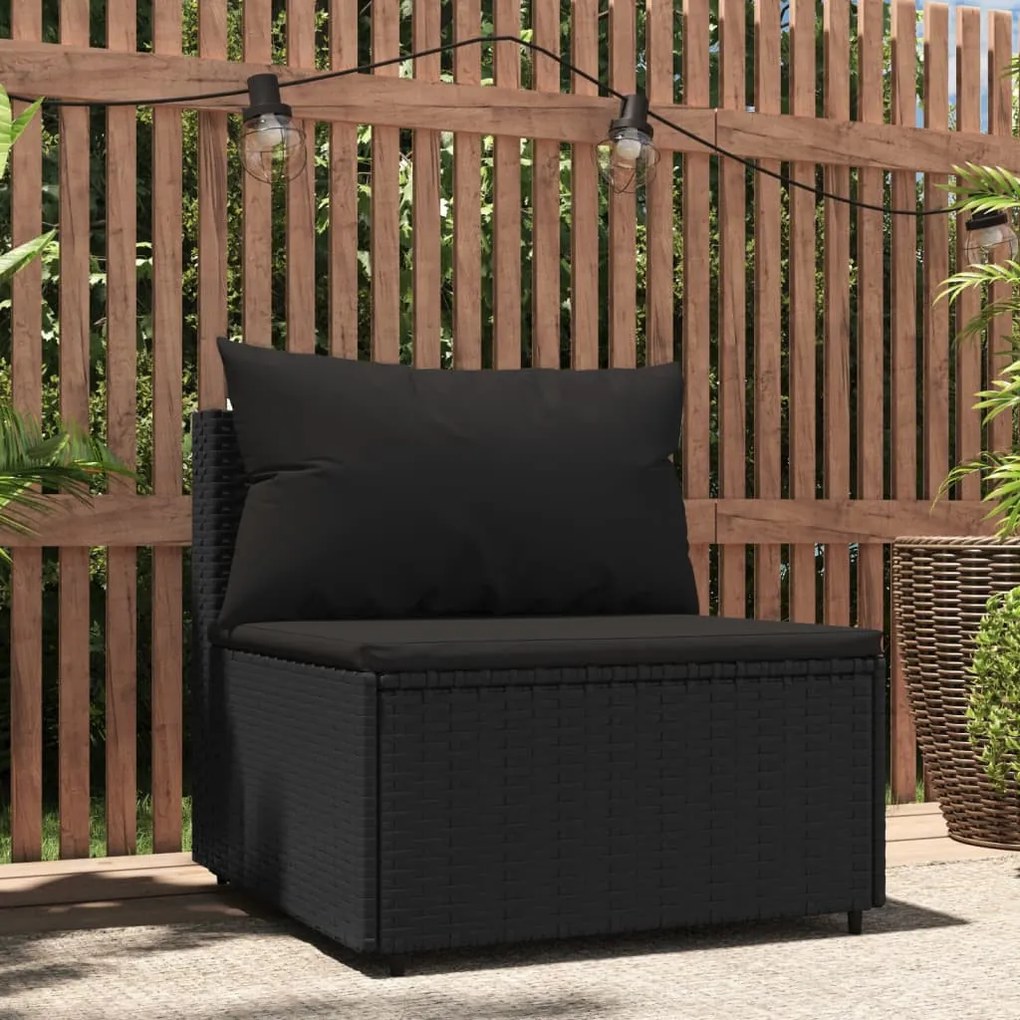 Fekete polyrattan kerti középső kanapé párnákkal
