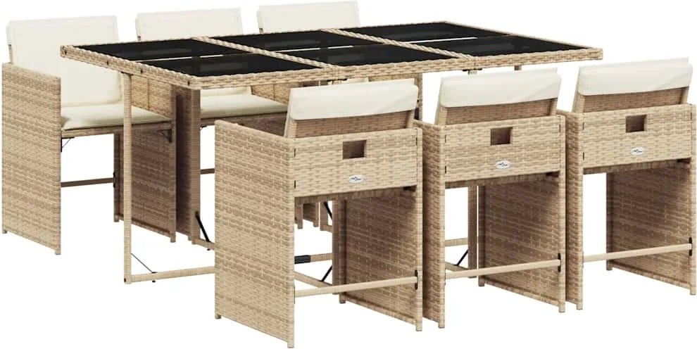 vidaXL 7 részes bézs polyrattan kerti étkezőgarnitúra párnákkal