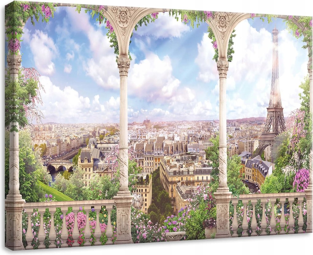 Vászonkép 70x50 Párizs Eiffel-torony erkély virágok város panoráma tájkép