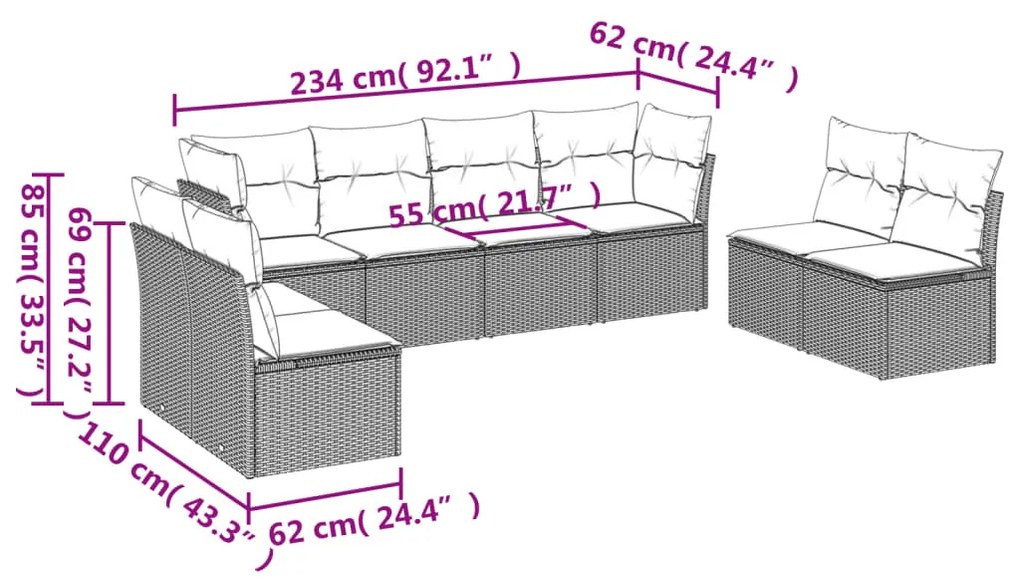 8 részes fekete polyrattan kerti ülőgarnitúra párnákkal