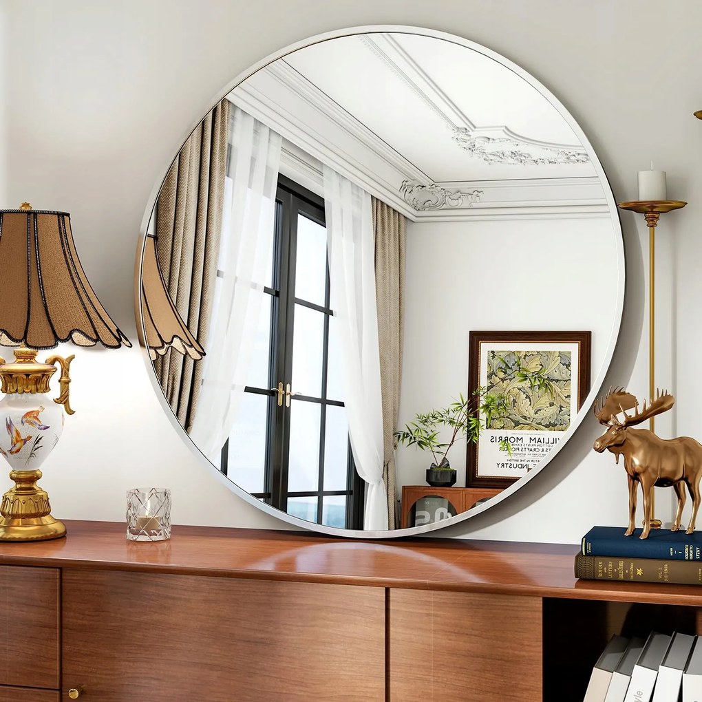 Koonmi Kör alakú Fali Tükör Fém Kerettel, Nagy, 91 cm, Ezüst