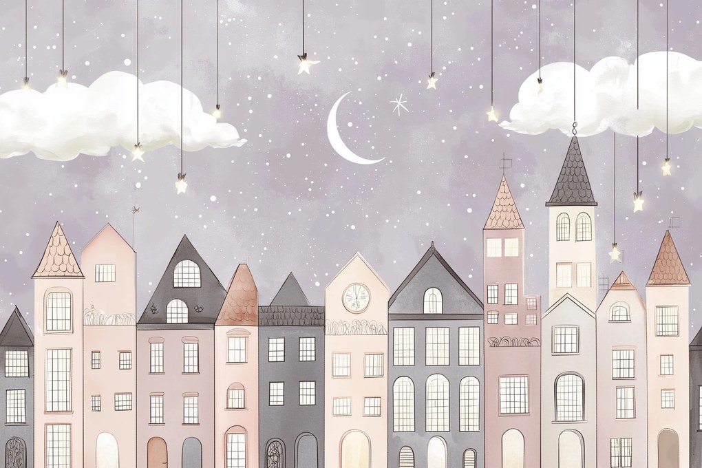 Fotótapéta Flizelina Gyerekek Város Házak Éjszaka Hold Csillagok 152,5x104 ragasztó