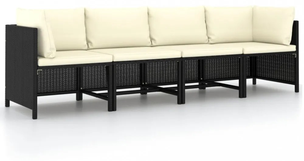4 személyes fekete polyrattan kerti kanapé párnákkal