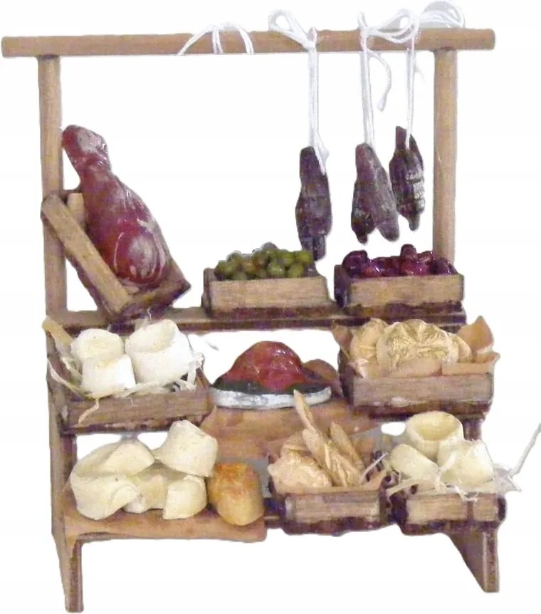 Felvágottokkal és sajtokkal díszített stand, karácsonyi betlehem díszítéséhez. 14cm magas