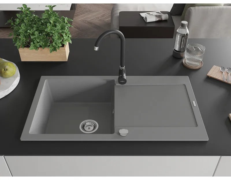 Mexen Leo, gránit mosogató 900x500x190 mm, 1 kamrás és fekete Telma csaptelep, szürke, 6501-71-670200-70