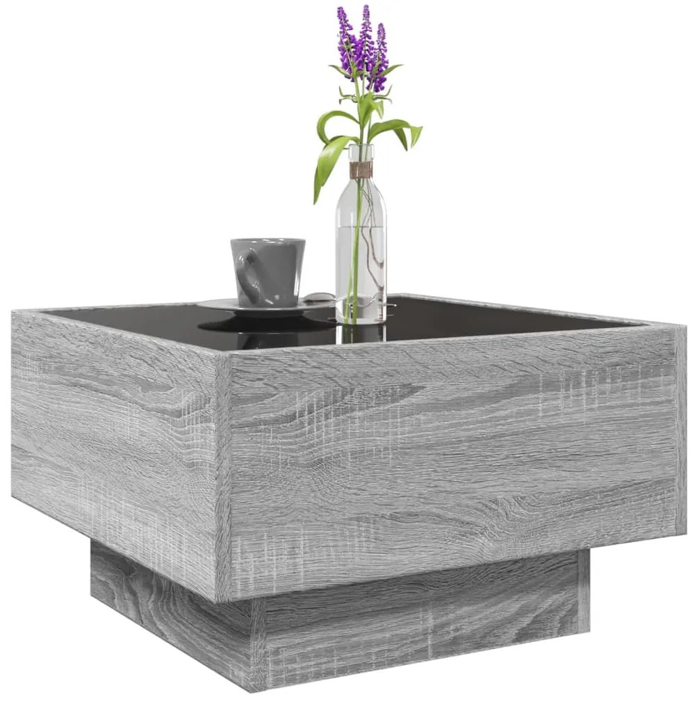 Szürke sonoma szerelt fa dohányzóasztal LED-del 50 x 50 x 30 cm