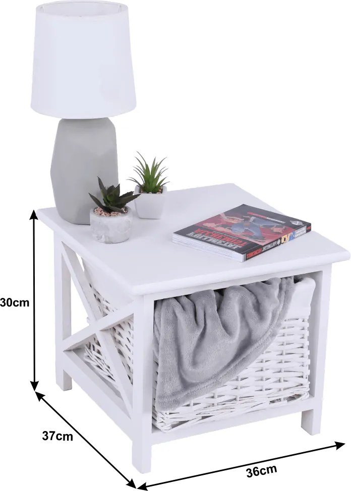 Éjjeliszekrény, fa/vesszőfonás/szövet, fehér, RAFAELLO