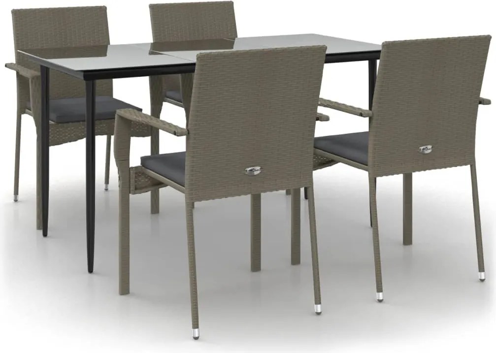 vidaXL 5 részes fekete és szürke polyrattan kerti étkezőszett párnával