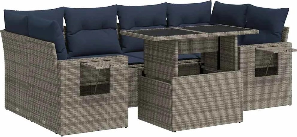 vidaXL 7 részes szürke polyrattan kerti ülőgarnitúra párnával