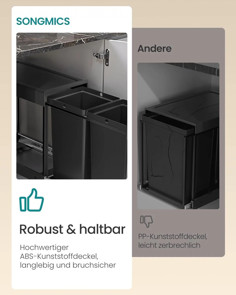 SONGMICS konyhai szelektív hulladékgyűjtő rendszer szekrénybe, 2 x 20 L, fekete