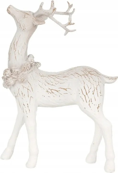 Bílá vánoční decorace jelen s věncem šišek kolem krku 19 cm