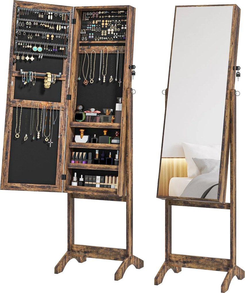 HOMCOM Teljes Hosszúságú Tükör ÉkszerSzéf 3 Állítható Szöggel, Magnéziumzáras Ékszer Szervező, Polcokkal Fülbevalóknak, Gyűrűknek és Nyakláncoknak 46x