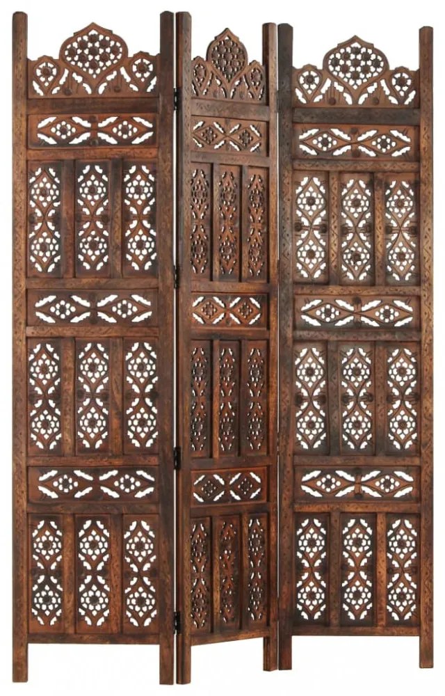 vidaXL 3-paneles barna mangófa kézzel faragott térelválasztó 120x165cm