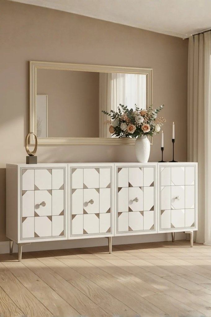 Moka komód, fehér-ezüst, 150 cm