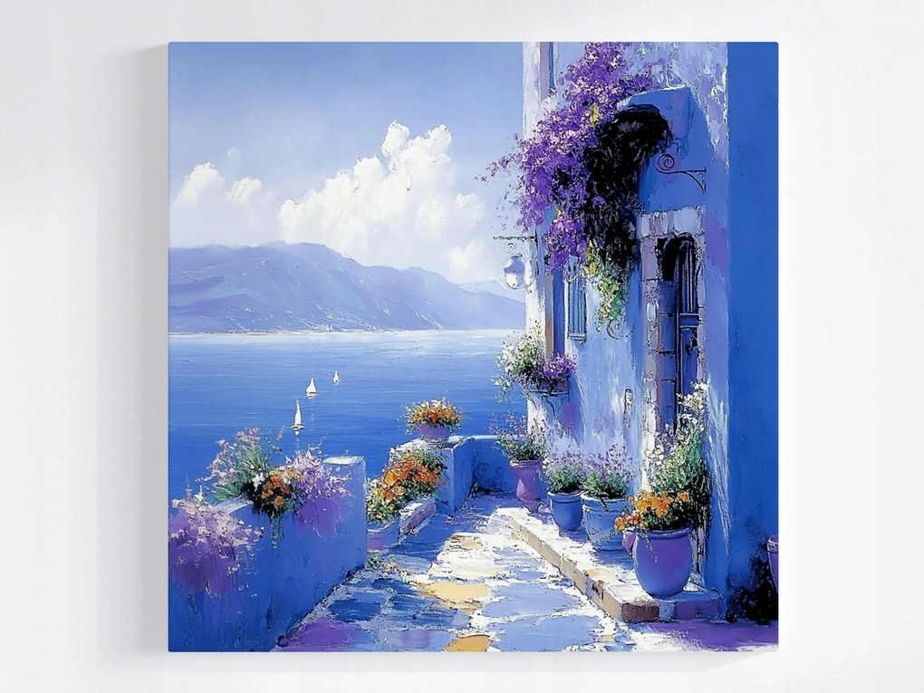 Vászonkép Canvas Tájkép Kilátás Görögország Tenger Ház Terasz Virágok 80x80