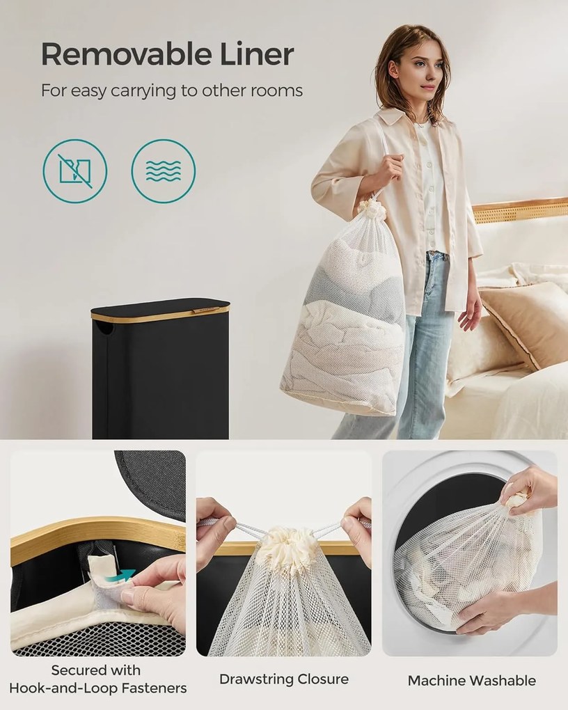 SONGMICS 65L szennyeskosár fedéllel, keskeny kialakítás, 42 × 22,5 × 70,5 cm, fekete