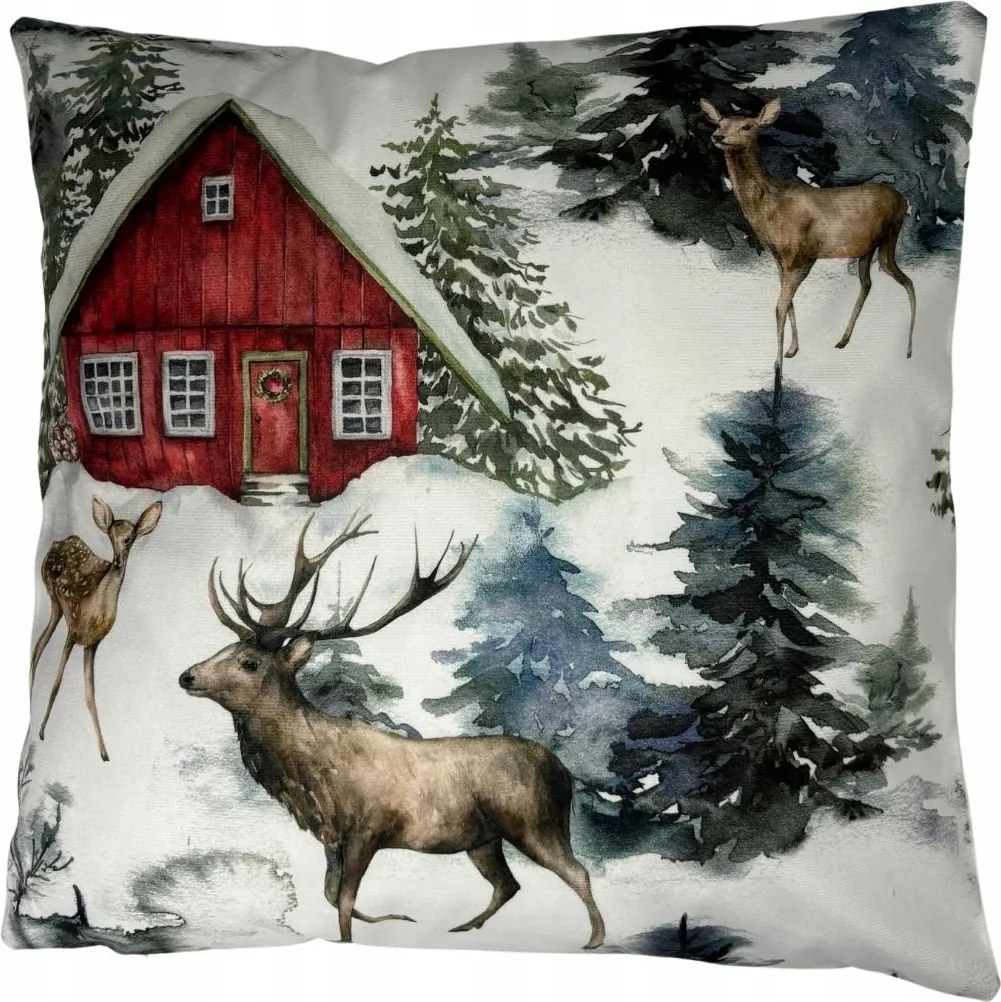 Dekoratív Karácsonyi Párnahuzat Házikó Szarvas Karácsonyfa Tél Hó 45x45