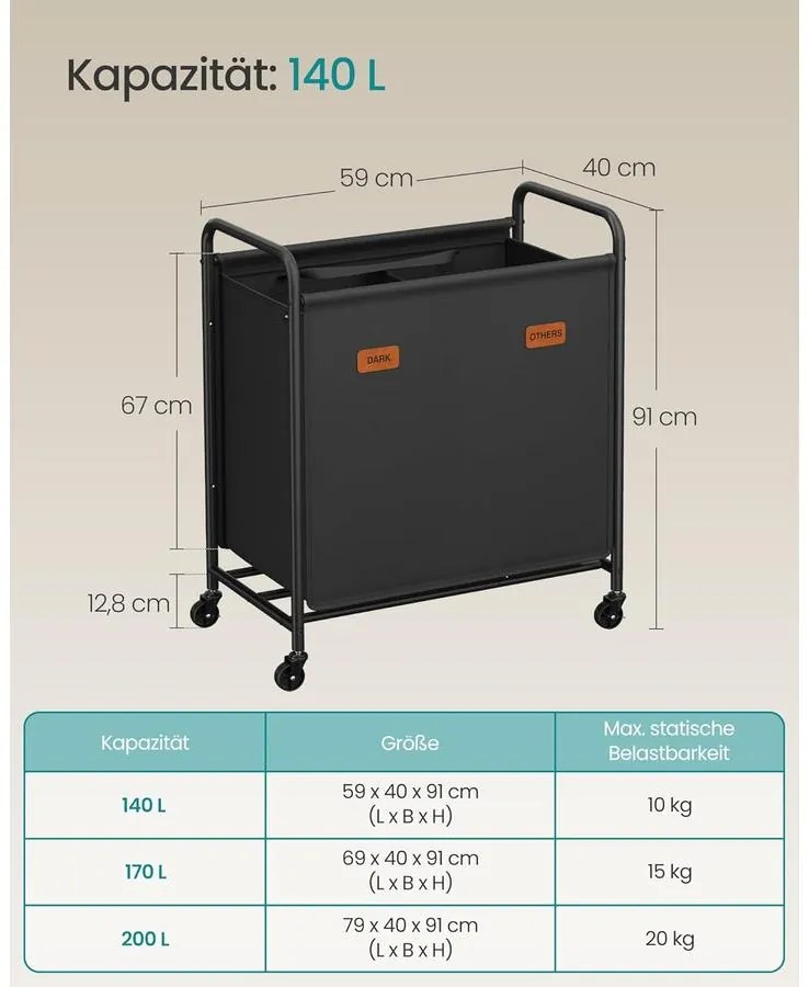 gurulós szennyestartó, 2 rekeszes ruhagyűjtő 140 l, fekete