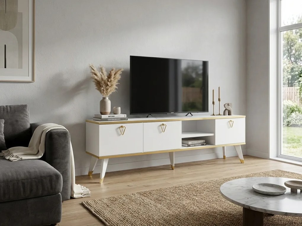 AKCIÓ TV asztal CAROL 160 cm, fehér/arany II. minőség