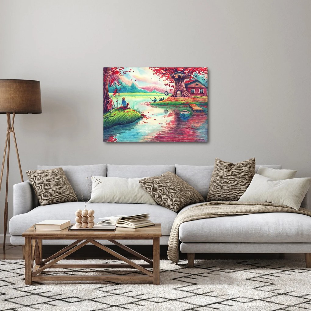 Kép - akvarell, Öböl egy hegyi faluban (70x50 cm)