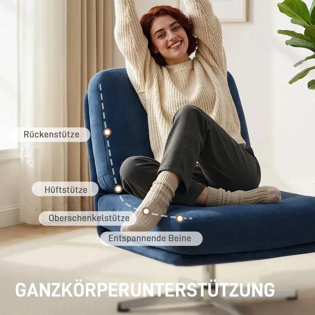 HOMCOM Forgószék, kárpitozott olvasófotel zseníliával, széles ülőfelülettel, tollpárnával és fém lábakkal, sötétkék