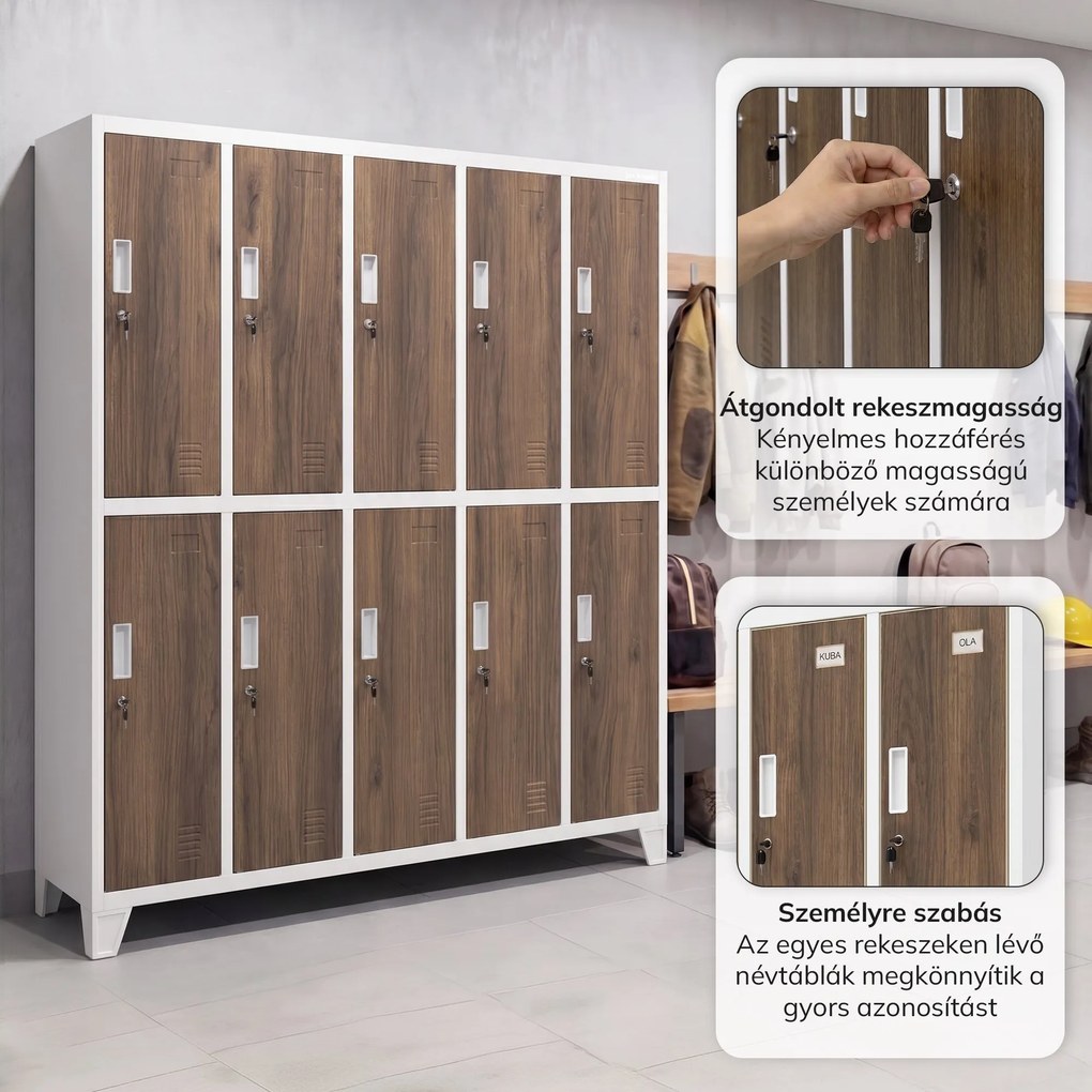 Munkavédelmi öltözőszekrény, 10 ajtós, fehér/dió, 1360x1720x450 mm: BARTEK Eco Design