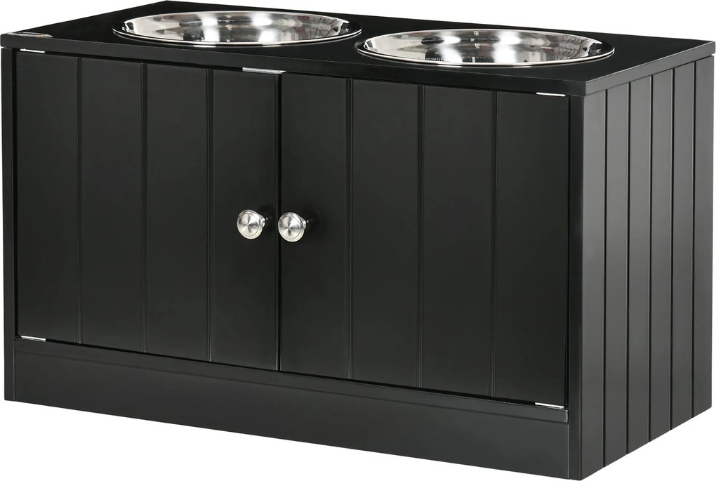 PawHut Felemelkedő Kutya Tál Etető Állomás Tároló Víz Tállal, 2 x 2000ml Rozsdamentes Acél Tálak - Fekete | Aosom