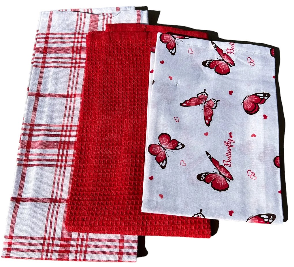Konyhai törülközők 3 szett Butterfly Red