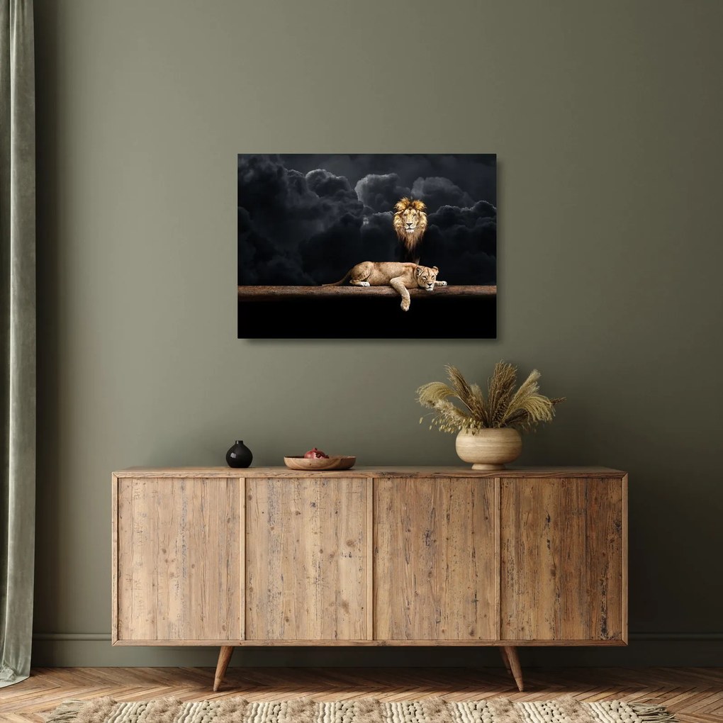 Kép - oroszlán és a nőstény oroszlán a felhőkben (üvegen) (70x50 cm)