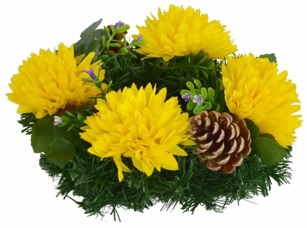 Őszi virágokkal díszített koszorú mindenszentekre 20 cm, sárga