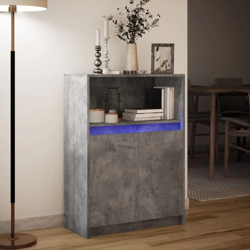 betonszürke szerelt fa tálalószekrény LED-del 72x34x100 cm