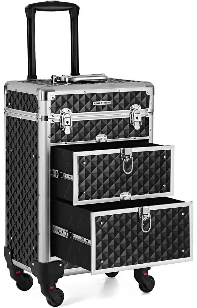 Sminktáska, kozmetikai tároló gurulós, fekete 34x25x57cm