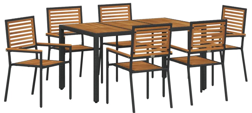 7 Darabos Kerti Étkezőszett Fekete Poly Rattan Akácia, Összecsukható Kerti Székek Párnákkal 2 db Fekete Poly Rattan