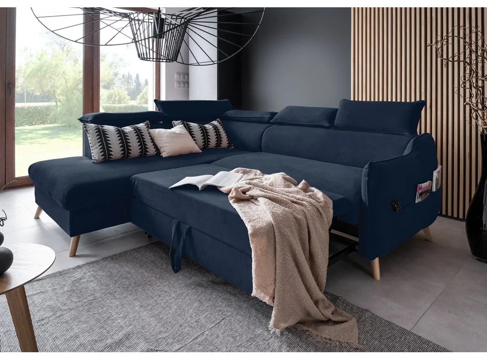 Sötétkék bársony kinyitható sarokkanapé (bal oldali) Sweet Harmony – Miuform