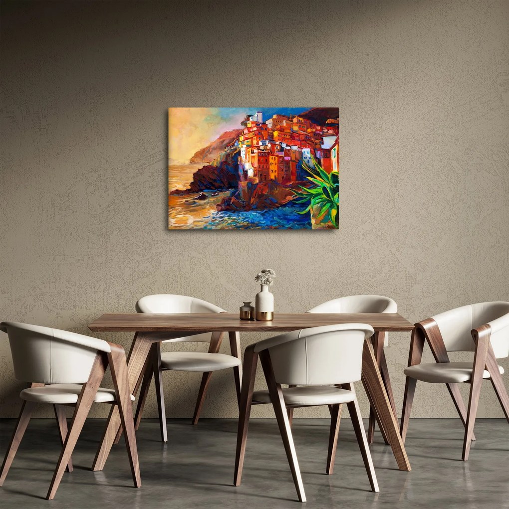 Kép - Falu Cinque Terre partján, az olasz riviérán, modern impresszionizmus (70x50 cm)